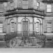 View of sundial and entrance stair on N front of Ravelston House, Edinburgh.