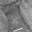 Edinburgh Castle, settlement. Excavation photograph: area H - detail of further cleaned base and sides of FE lined box.