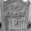 View of undated gravestone commemorating 'I A' and 'G N', c.1730, in the churchyard of Longforgan Parish Church.