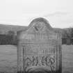 View of gravestone for James Douglas, 1782, in the churchyard of St Anne's Church, Dowally.