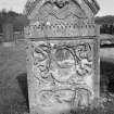 View of gravestone for Isobel Cameron, 1791, in the churchyard of St Anne's Church, Dowally.