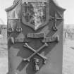 View of west face of gravestone for James Beveridge dated 1849, in the churchyard of Burntisland Parish Church.