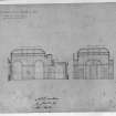 Photographic copy of section through telling room with measurements, pen and wash,
Signed "W. Burn 131 George Street".
