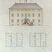 Moncrieffe House.
Photographic copy of East elevation, ground and first floor plans.
Insc: "Moncrieffe House, Perthshire"
