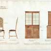 Glasgow, Pollok House
Photographic copy drawing of chair and bookcase.
Titled: 'Pollok House: Furniture Details.'
Insc: 'No 1078.' 'Plan.' 'Front Elevation' 'Side Elevation' 'Front Elevation of Bookcase' 'Side Elevation of Bookcase' 'R Campbell Feb 1902.'