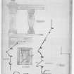 Photographic copy of drawing of detail of balustrade and plaque and plan of door jamb.