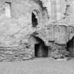 View of forestair and entrance to keep-gatehouse from courtyard, Crichton Castle.