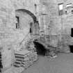 View of forestair and entrance to keep-gatehouse from courtyard, Crichton Castle.