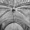 Interior view of Towie Barclay Castle showing detail of rib-vaulting on ceiling in Great Hall.