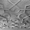 Interior view of Craigievar Castle showing detail of ceiling in first bedroom.