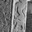 Detail of cross-slab at Ardchattan, showing animals on the right of the cross-shaft on face A.
 
