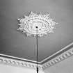 Glasgow, 8 Crown Gardens, interior.
General view of ceiling centrepiece in ground floor lounge.