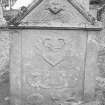 Forteviot Parish Churchyard.
General view of tombstone with winged soul, plough, 'Memento Mori' ribbon, skull and crossed bones.