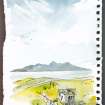 Drawing/Painting by graphic designer Oliver Brookes for the cover of Who Built Scotland. This depicts the bothy that James Crawford stayed in when visiting Eigg and written about in the book