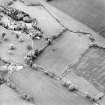 Oblique aerial view centred on the remains of the tower-house with cottage, walled garden and Stainrigg house adjacent, taken from the E.