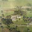 Oblique aerial view centred on the country house, stables and walled garden with the gate-lodge adjacent, taken from the W.