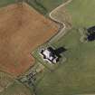 Oblique aerial view of Corgarff castle centred on the tower-house with the remains of a pond, farmstead and the cropmarks of a building adjacent, taken from the SSE.