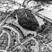 Oblique aerial view centred on the cemetery, with the swing bridge adjacent, taken from the NNE.