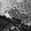 Oblique aerial view centred on the cemetery, with the swing bridge adjacent, taken from the SW.