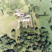 Aerial view of Tyninghame House, the site of Tyninghame manse, the sundial and gardens and the clock tower court, taken from the N.