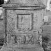 View of gravestone for Patrick McClaren dated 1758, in the churchyard of Muthill Old Parish Church.