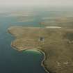Aerial view of Orkney, Hoy, Scad Head coast battery and military accommodation camp, taken from the NW.  The view also shows the islands of Little Rysa, Gutter Sound, Fara and Flotta.