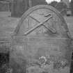 View of east face of gravestone for James Patrson who died 1753, in the churchyard of Balmerino Old Parish Church.