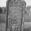 View of the headstone of Donald Gorrie dated 1779, in the churchyard of Fowlis Wester Parish Church.