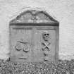 View of gravestone inscribed '1716. Memento Mori. A F  I F', in the churchyard of Glendevon Church.