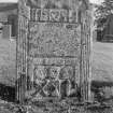 View of gravestone for John Murray's children, 'IM, SH' dated 1777, in the churchyard of Glenshee Church..