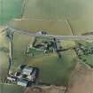 Oblique aerial view centred on the remains of the abbey with the farmsteading and cottage adjacent, taken from the S.