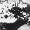 Abercairny House, oblique aerial view, taken from the ENE, centred on the stable block and East walled garden.