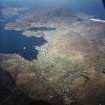 General oblique aerial view of Castlebay, the tower-house and pier, taken from the ENE.

