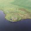 Oblique aerial view centred on the remains of the broch with the remains of the buildings and burnt mound adjacent, taken from the S.