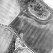 Oblique aerial view centred on the cropmarks of the possible enclosure, roundhouse, rig and pits with cottages adjacent, taken from the ESE.