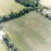 Ballindoun, oblique aerial view, taken from the N, centred on the cropmarks of two palisaded enclosures and a round house.
