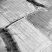 Oblique aerial view centred on linear cropmarks, pits and rig with possible trackway and cottages adjacent, taken from the NNE.