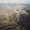 General oblique aerial view from Craigpot suspension footbridge, taken from the WSW looking ENE along the River Don towards Bennachie, with My Lord's Throat on the left side of photograph.