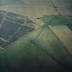 Oblique aerial view centred on the remains of the recumbent stone circle with the remains of the long cairn and rig adjacent, taken from the E.