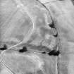 Monzie, oblique aerial view, taken from the NW, centred on the cropmarks of a palisaded settlement and possible square barrows. The Witches' stone is visible in the bottom left-hand corner of the photograph and cropmarks of a barrow and moated site are visible in the top half.