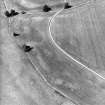 Monzie, oblique aerial view, taken from the SE, centred on the cropmarks of a barrow, possible ring-ditch and moated site. Cropmarks of a palisaded settlement are visible in the top half of the photograph.