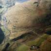 Oblique aerial view centred on the remains of the farmstead, sheepfold, rig and field-system with trackways and plantation bank adjacent, taken from the ENE.