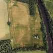 Oblique aerial view of Innerpeffray centred on the remains of the tower house and the cropmarks of a possible garden, a fort, and a pit-alignment, taken from the WSW.