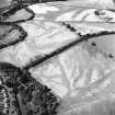 Luncarty, oblique aerial view, taken from the SW, centred on linear cropmarks and cropmarks of an enclosure. A palisaded enclosure and cultivation remains are visible as cropmarks in the top centre of the photograph.