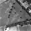 Ballathie, oblique aerial view, taken from the WSW, showing the cropmarks of a group of pits in the top left-hand corner, and an unenclosed settlement in the centre. A dismantled railway is visible as a cropmark along the left half of the photograph.