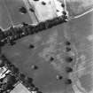 Ballathie, oblique aerial view, taken from the E, showing the cropmarks of an unenclosed settlement in the centre, and pits in the bottom right-hand corner.  A dismantled railway is visible as a cropmark along the right half of the photograph.