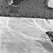 Carsie Mains, oblique aerial view, taken from the WSW, showing the cropmarks of a series of pit features including a pit-circle, mortuary enclosure and pit-alignment.