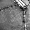Oblique aerial view centred on the cropmarks of hollow trackways and rig, taken from the WNW.