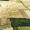 Oblique aerial view centred on the cropmarks of the pit-defined enclosure with the cropmarks of the barrow and pits, adjacent, taken from the NNW.