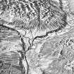 Oblique aerial view of Glen Ogil centred on the remains of buildings and field-walls, an enclosure, sheepfold, rig and a farmstead, taken from the S.